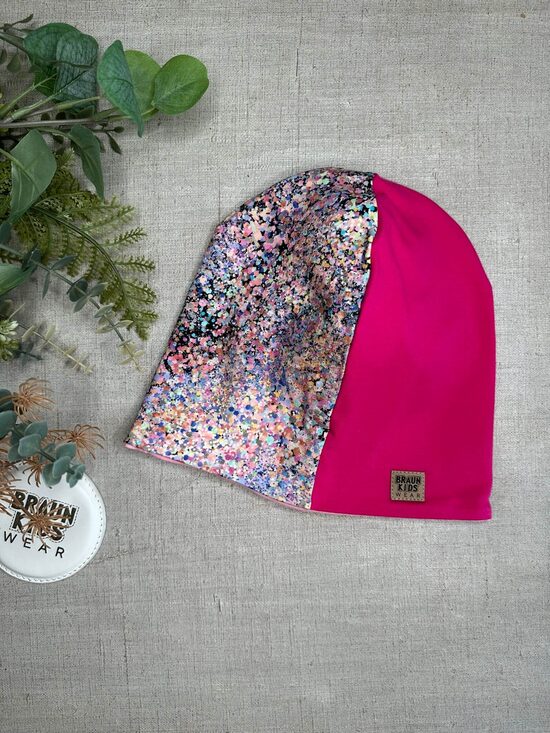 Starpsezonas beanie cepure -  Fuksiju rozā ar raibu 54-56.izm